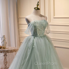 Light Green Tulle Beaded Ball Gown Off Shoulder Party Dresses, Green Sweet 16 Dresses