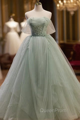 Light Green Tulle Beaded Ball Gown Off Shoulder Party Dresses, Green Sweet 16 Dresses