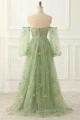 Light Green Tulle Floral Sleeves Long Party Dresses, A-Line Light Green Evening Prom Dresses