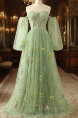 Light Green Tulle Floral Sleeves Long Party Dresses, A-Line Light Green Evening Prom Dresses