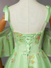 Light Green Tulle Floral Straps Long Evening Dresses, Light Green Evening Prom Dresses