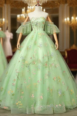 Light Green Tulle Floral Straps Long Evening Dresses, Light Green Evening Prom Dresses