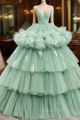 Light Green Tulle Layers Low Back Evening Prom Dresses, Light Green Sweet 16 Dresses