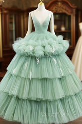 Light Green Tulle Layers Low Back Evening Prom Dresses Sweet 16 Dresses Quinceanera Dresses