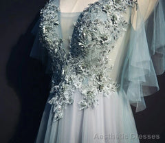 Light Green Tulle Long Party Dress, Green Lace Low Back Prom Dress Evening Dress