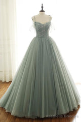 LIGHT GREEN TULLE LONG PROM DRESS, GREEN EVENING DRESS