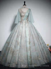 Light Green Tulle Sequins V-neck Quinceanera Dress