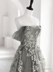 Light Grey A-line Tulle Long Formal Dress, Grey Tulle with Lace Applique Party Dress