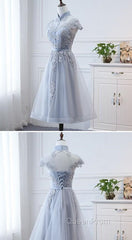 Light Grey Tulle With Lace Short Party Dresses Homecoming Dresses, Cap Sleeves Formal Dresses