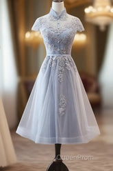 Light Grey Tulle With Lace Short Party Dresses Homecoming Dresses, Cap Sleeves Formal Dresses
