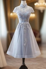 Light Grey Tulle With Lace Short Party Dresses Homecoming Dresses, Cap Sleeves Formal Dresses