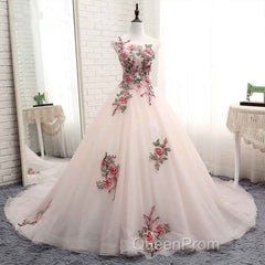 Light Pink Ball Gown Quinceanera Dresses With Flowers Embroidery, Pink Tulle And Organza Party Dresses