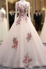 Light Pink Ball Gown Quinceanera Dresses With Flowers Embroidery, Pink Tulle And Organza Party Dresses