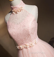 Light Pink Halter Tulle And Lace Lovely Knee Length Formal Dresses, Cute Party Dresses, Pink Evening Prom Dresses