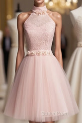 Light Pink Halter Tulle And Lace Lovely Knee Length Formal Dresses, Cute Party Dresses, Pink Evening Prom Dresses