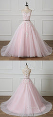 Light Pink Scoop Neck Lace Applique Formal Evening Prom Dresses, Beaded Wedding Dresses