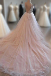 Light Pink Tulle Lace Long Evening Prom Dresses, Wedding Dresses