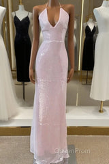 Light Pink V Neck Sheath Sequined Evening Prom Dresses Birthday Dresses
