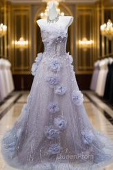 Light Purple A-Line Off-The-Shoulder Tulle Sequin Long Evening Prom Dresses, Sweet Appliqu Beaded Evening Dresses