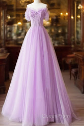 Light Purple A-Line Sweetheart Tulle Formal Dresses, Light Purple Long Evening Prom Dresses
