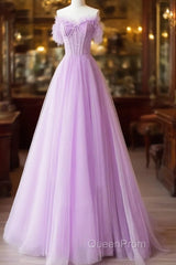 Light Purple A-Line Sweetheart Tulle Formal Dresses, Light Purple Long Evening Prom Dresses