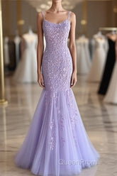 Light Purple Lace Mermaid Evening Prom Dresses, Purple Lace Mermaid Formal Evening Dresses