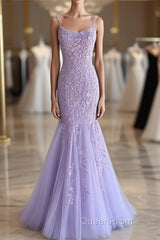 Light Purple Lace Mermaid Evening Prom Dresses, Purple Lace Mermaid Formal Evening Dresses