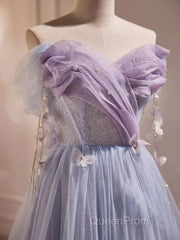 Light Purple Off Shoulder Sweetheart Long Formal Dresses, Light Purple Tulle Evening Prom Dresses