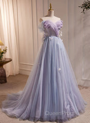 Light Purple Off Shoulder Sweetheart Long Formal Dresses, Light Purple Tulle Evening Prom Dresses