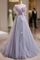 Light Purple Off Shoulder Sweetheart Long Formal Dresses, Light Purple Tulle Evening Prom Dresses