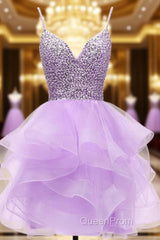 Light Purple Tulle Beaded Short Homecoming Dresses, Light Purple Short Evening Prom Dresses