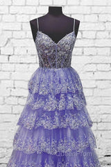 Light Purple V Neck Layered Lace Evening Prom Dresses