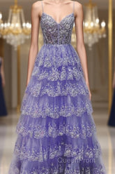 Light Purple V Neck Layered Lace Evening Prom Dresses