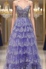 Light Purple V Neck Layered Lace Evening Prom Dresses