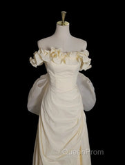 Light Yellow A-Line Satin Off-Shoulder Tulle Long Evening Prom Dresses Graduation Evening Prom Dresses Wedding Dresses