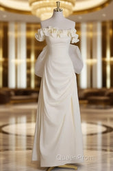 Light Yellow A-Line Satin Off-Shoulder Tulle Long Evening Prom Dresses Graduation Evening Prom Dresses Wedding Dresses