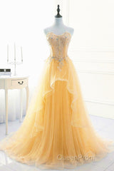 Light Yellow Beaded Tulle Long Party Dresses Evening Prom Dresses, Yellow Formal Dresses