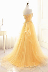 Light Yellow Beaded Tulle Long Party Dresses Evening Prom Dresses, Yellow Formal Dresses