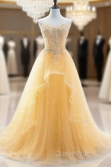 Light Yellow Beaded Tulle Long Party Dresses Evening Prom Dresses, Yellow Formal Dresses