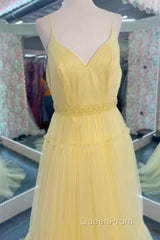 Light Yellow V-Neck Tulle A-Line Long Evening Prom Dresses