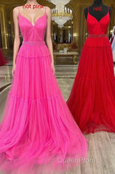 Light Yellow V-Neck Tulle A-Line Long Evening Prom Dresses