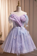 Lightpurple Tulle Off Shoulder Short Evening Prom Dresses, Cute A-Line Off Shoulder Homecoming Dresses