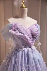 Lightpurple Tulle Off Shoulder Short Evening Prom Dresses, Cute A-Line Off Shoulder Homecoming Dresses