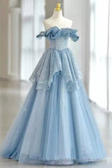 Light Sky Blue Off the Shoulder Tulle Prom Dress, Sparkly Long Party Gown