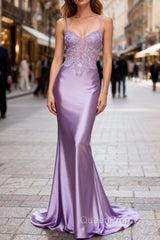 Lilac Floral Classy Mermaid Corset Long Evening Prom Dresses