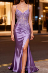 Lilac Floral Mermaid Corset Long Evening Prom Dresses with Slit