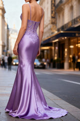 Lilac Floral Unique Mermaid Corset Long Evening Prom Dresses with Slit