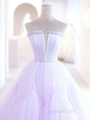Lilac Purple Strapless Tulle Sheer A Line Evening Prom Dresses