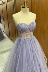 Lilac Strapless Beaded Ruffle-Layers Tulle Long Prom Dress