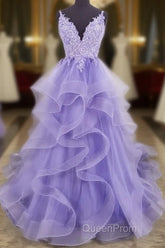 Lilac Tull Lace Applique Ball Gown Straps Long Evening Prom Dresses Elegant Evening Dresses